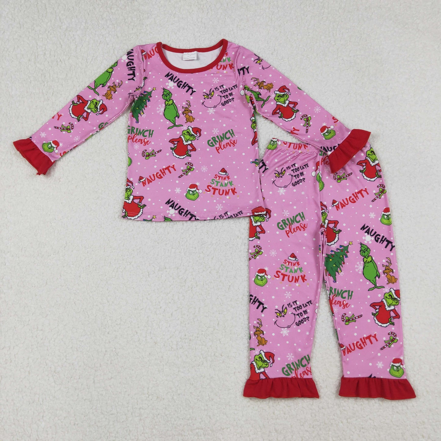 GLP2710 Baby Girls Christmas Trees Green Face Top Ruffle Pant Pajamas Set C10.8