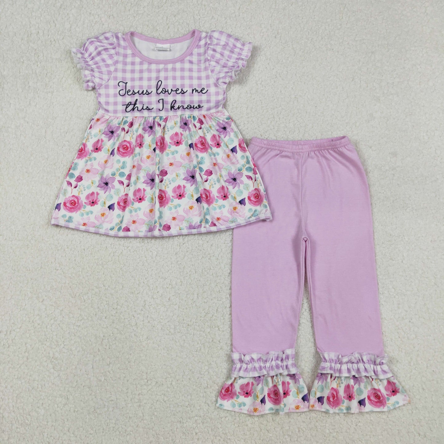 GSPO2129 Baby Girls Lavender Checked Jesus Love Me Flowers Tunic Ruffle Pants Clothes Set C12.4