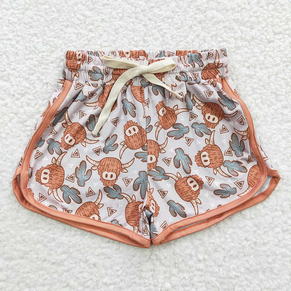 SS0089 Baby Girls Western Highland Cow Sports Summer Shorts