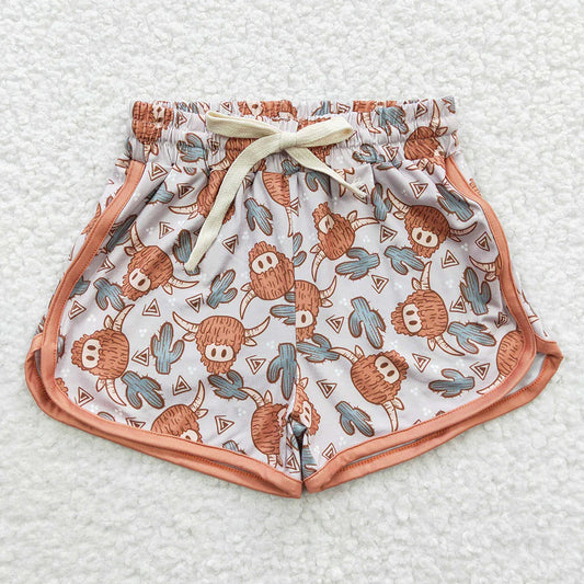 SS0089 Baby Girls Western Highland Cow Sports Summer Shorts