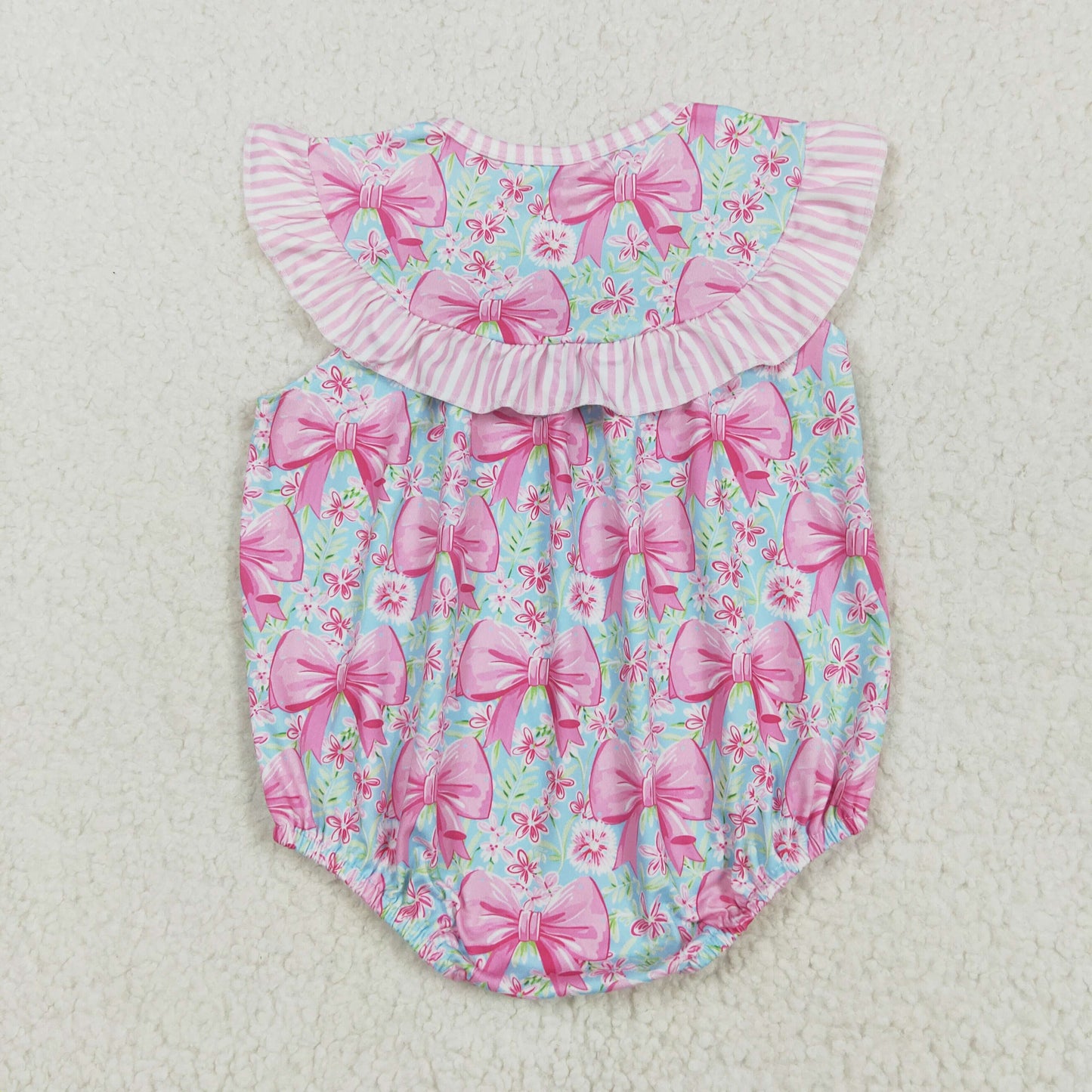 SR3089 Embroidered Baby Girls Pink Flutter Sleeves I Love Dad Bows Floral Ruffle Romper 5.16
