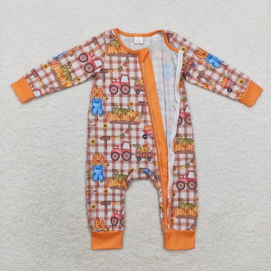 LR1046 Bamboo pumpkin Scarecrow checkered zipper long-sleeved onesie
