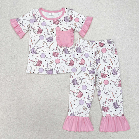 GSPO1575 Birthday Candle Cake Pink Lace pocket Short sleeve trousers pajama set