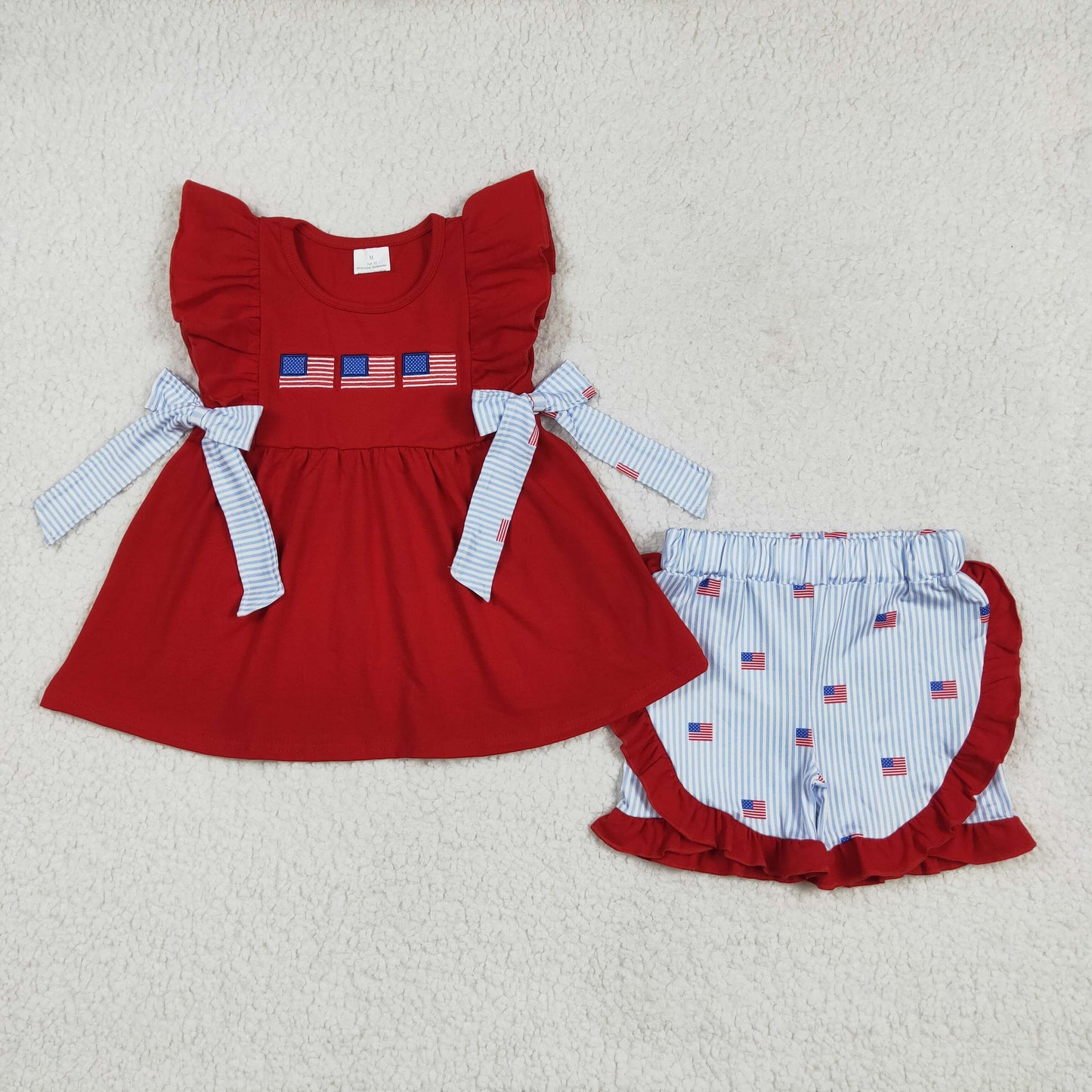 GSSO2375 Embroidery Baby Girls Red Flutter Sleeves Flags Bows Tunic Stripe Ruffle Short 4th Of July Set 4.18