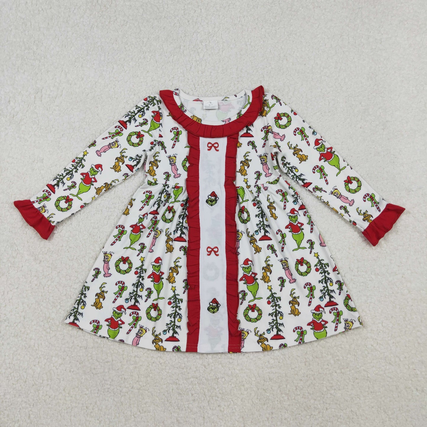 GLD1289 Embroidery Baby Girls Green Face Miss Bows Christmas Knee Length Dress C10.16