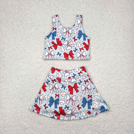 GSD2151 Baby Girls 4th Of July Bows Baseball Yoga Vest Skirt Active Wear Set