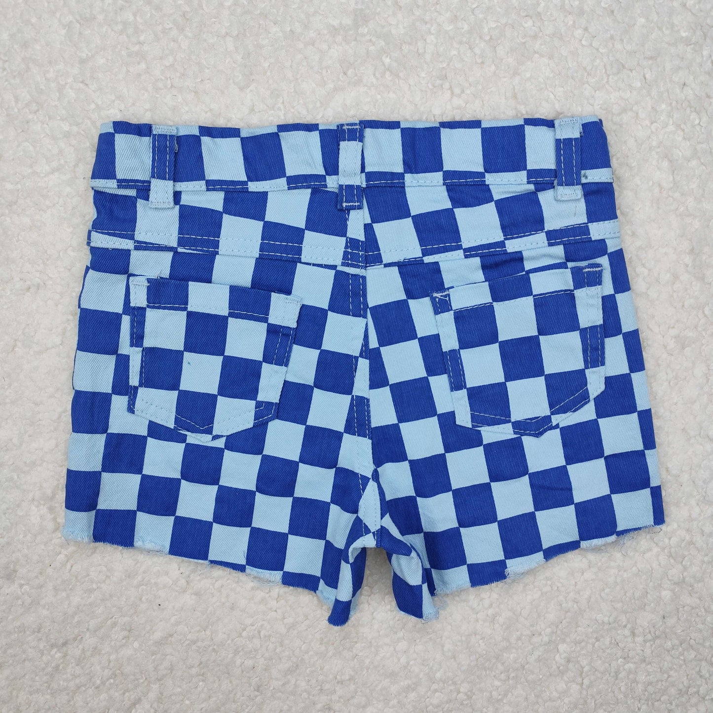 SS0093 Baby Girls Blue Checkered Distressed Denim Shorts