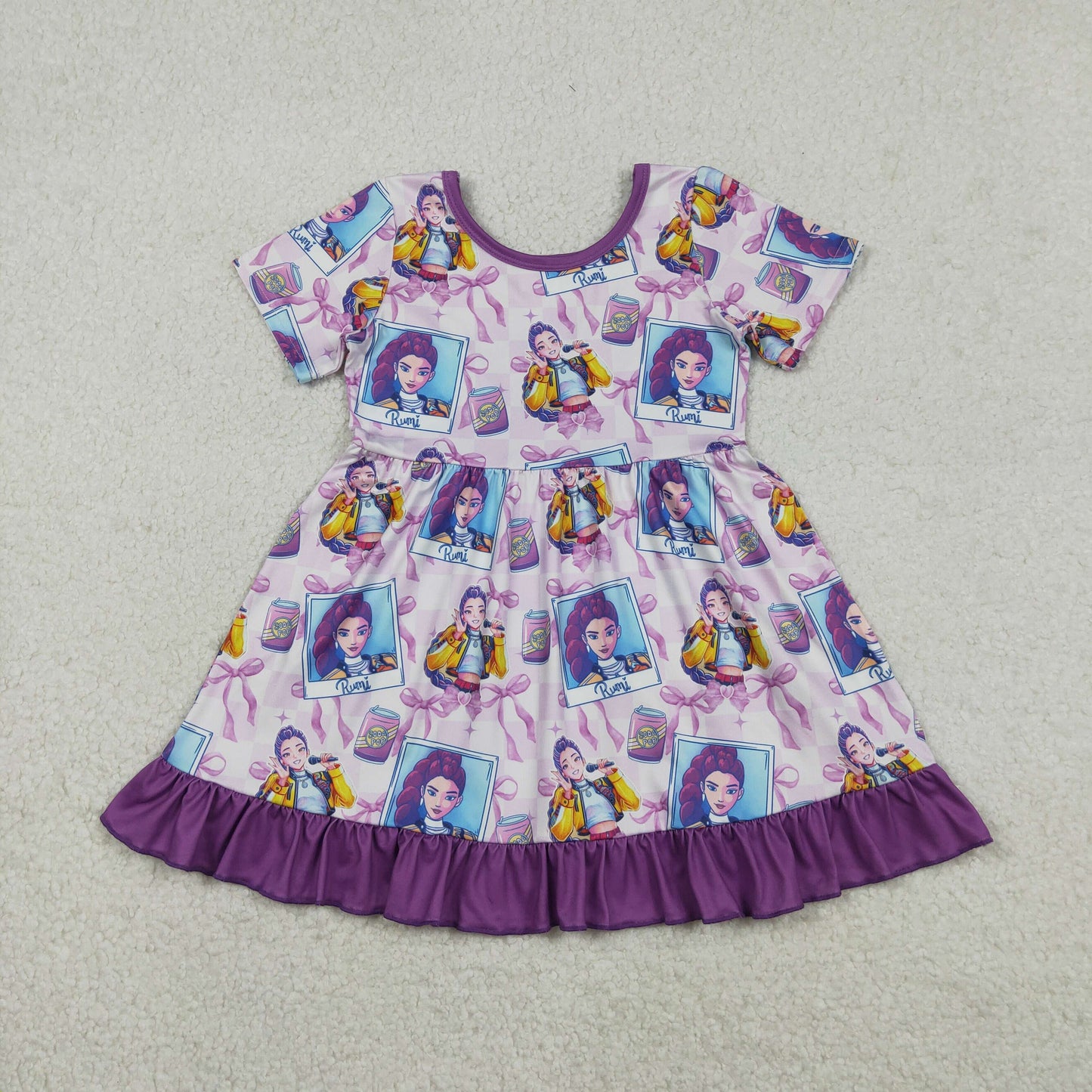 GSD3272 Baby Girls Purple Checked Bows Demon Hunter Ruffle Knee Length Dress C12.15