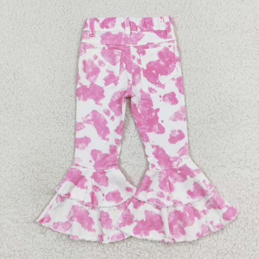 P0406 Pink and white cow-print denim pants