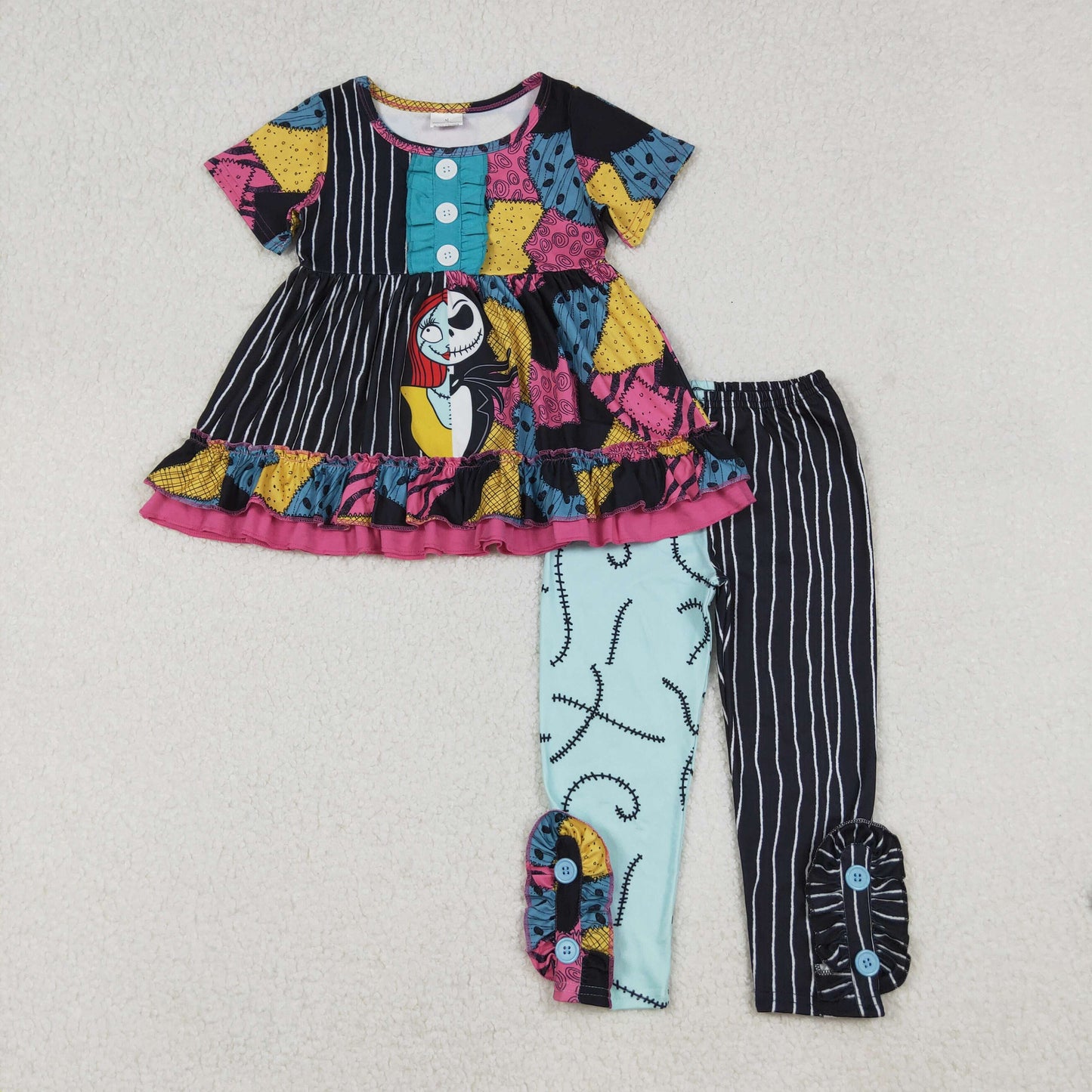 GSPO2056 Baby Girls Short Sleeves Button Cartoon Ghost Tunic Stripes Legging Pants Set C9.13