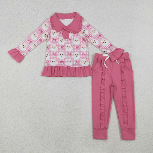 GLP2881 Baby Girls Pink Checked Santa Button Top Pockets Pants Christmas Clothes Set C10.16