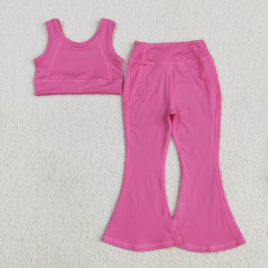 GSPO2002 Baby Girls Dark Pink Yoga Vest Bell Bottom Pants Active Wear Clothes Set 5.22