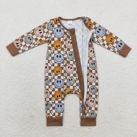 LR0961 Bamboo Smile Lightning brown plaid zipper long-sleeved onesie