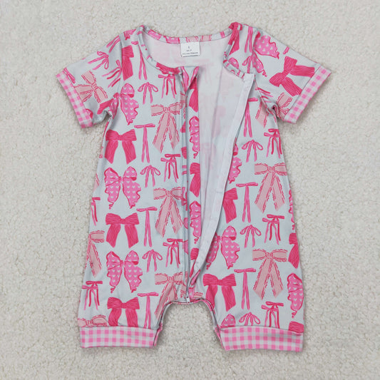 SR2771 Baby Infant Girls Pink Bows Zip Short Sleeve Romper