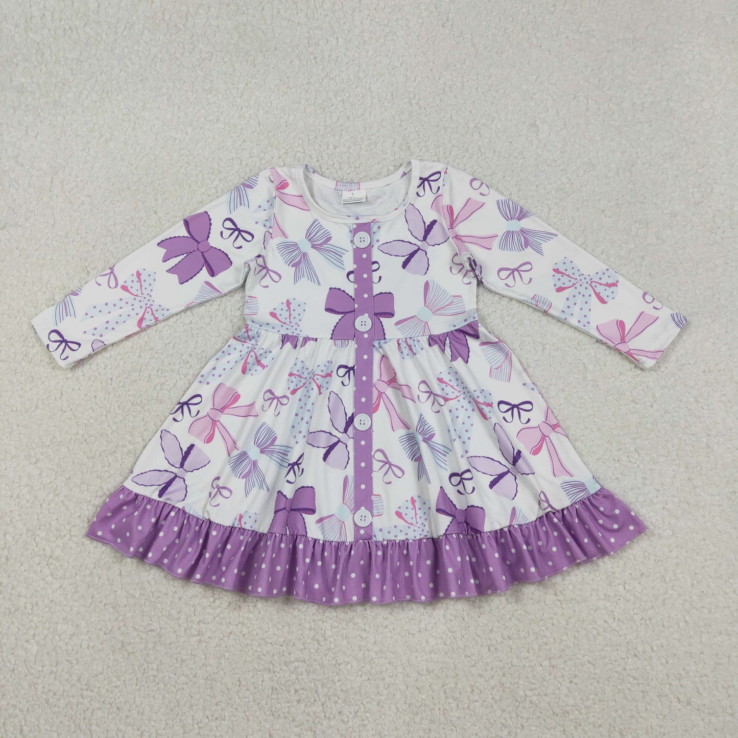 GLD1271 Baby Girls Purple Bows Plaid Button Ruffle Knee Length Dress C12.5