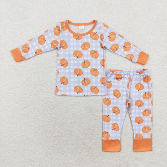 Baby Girls Boys Sibling Bamboo pumpkin plaid long sleeve pants pajamas set