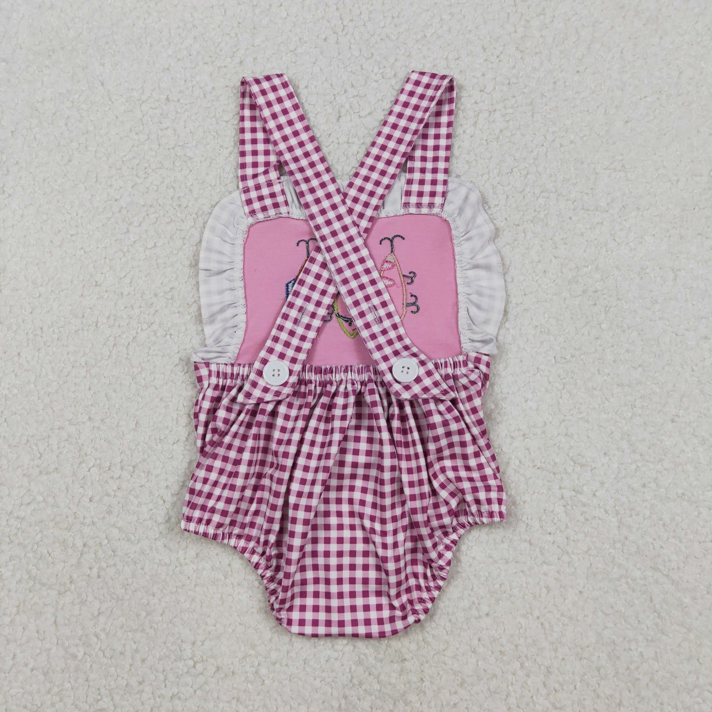 SR3414 Embroidery Fishing Baby Girls Pink Checked Strap Checked Hunting Ruffle Romper C12.9