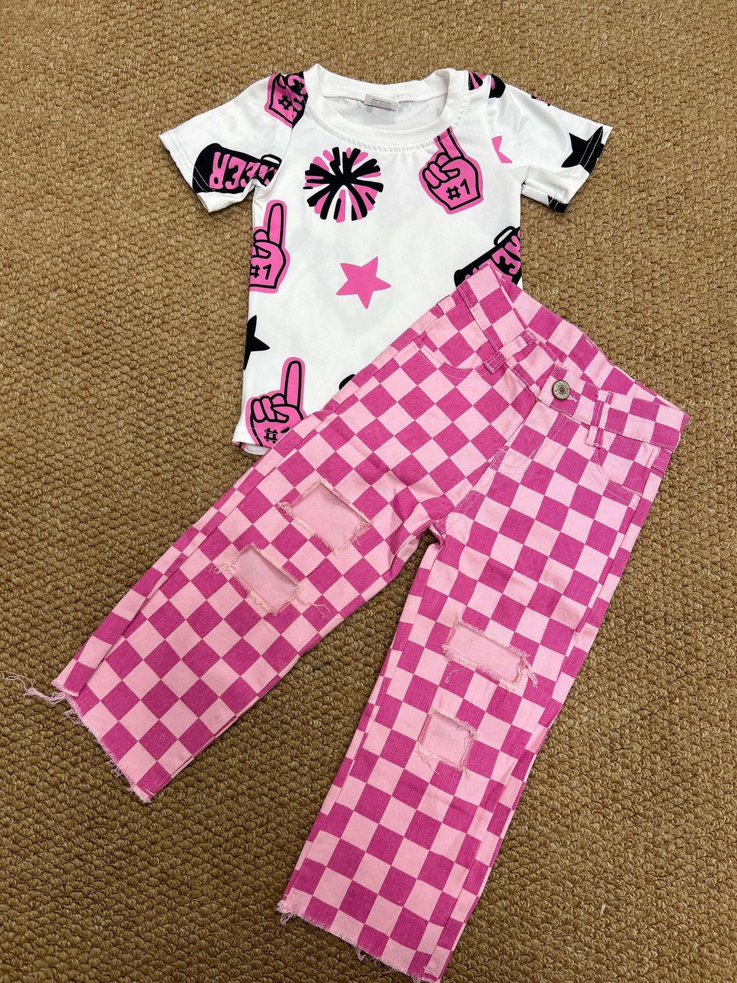 GT0994+P0096 Baby Girls Cheer Pink Shirt Checkered Denim Pants Clothes Set 7.28