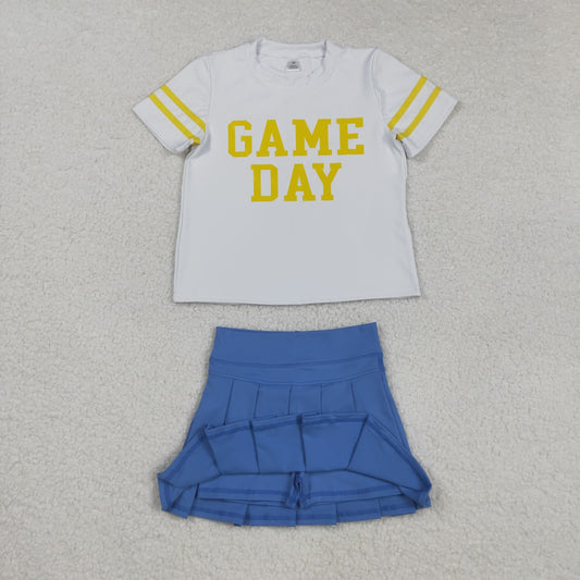 GT1115+GLK0084 Baby Girls Vinyl Yellow Game Day Top Blue Pleated Skorts Yoga Active Team Set C8.25