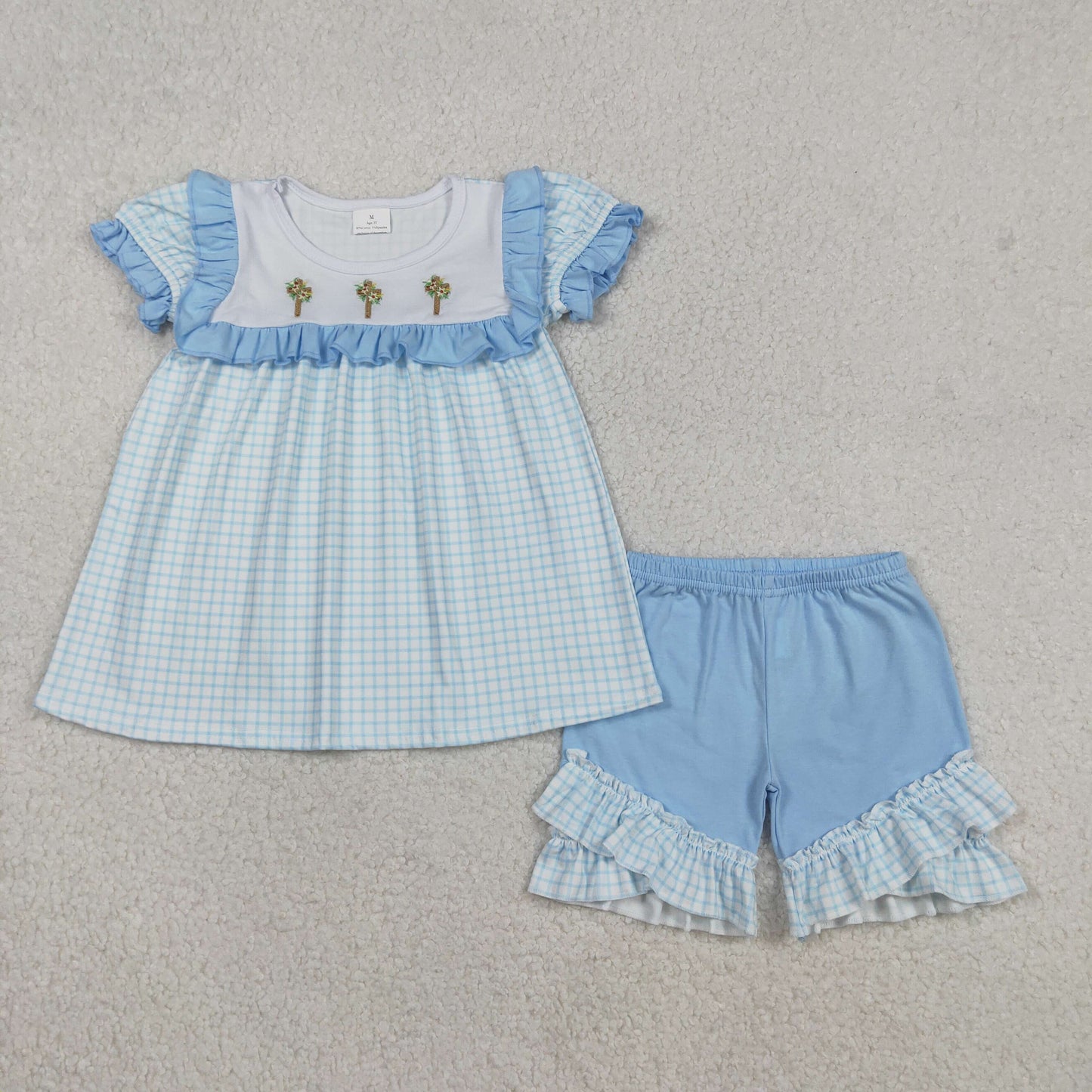 GSSO2718 Embroidery Baby Girls Blue Checked Crosses Tunic Ruffle Shorts Easter Clothes Set C12.9