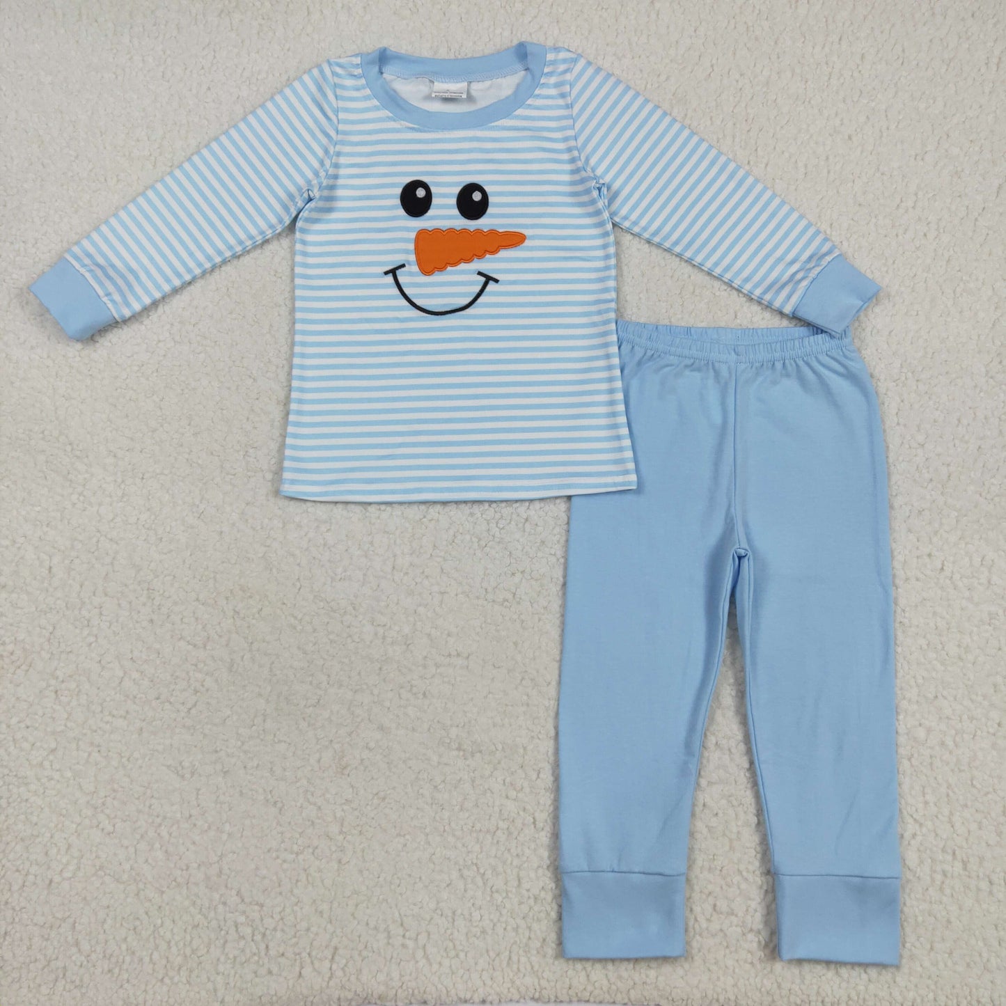 BLP1150 Embroidery Baby Boys Light Blue Stripe Long Sleeves Snowman Top Pant Pajamas Set 7.22