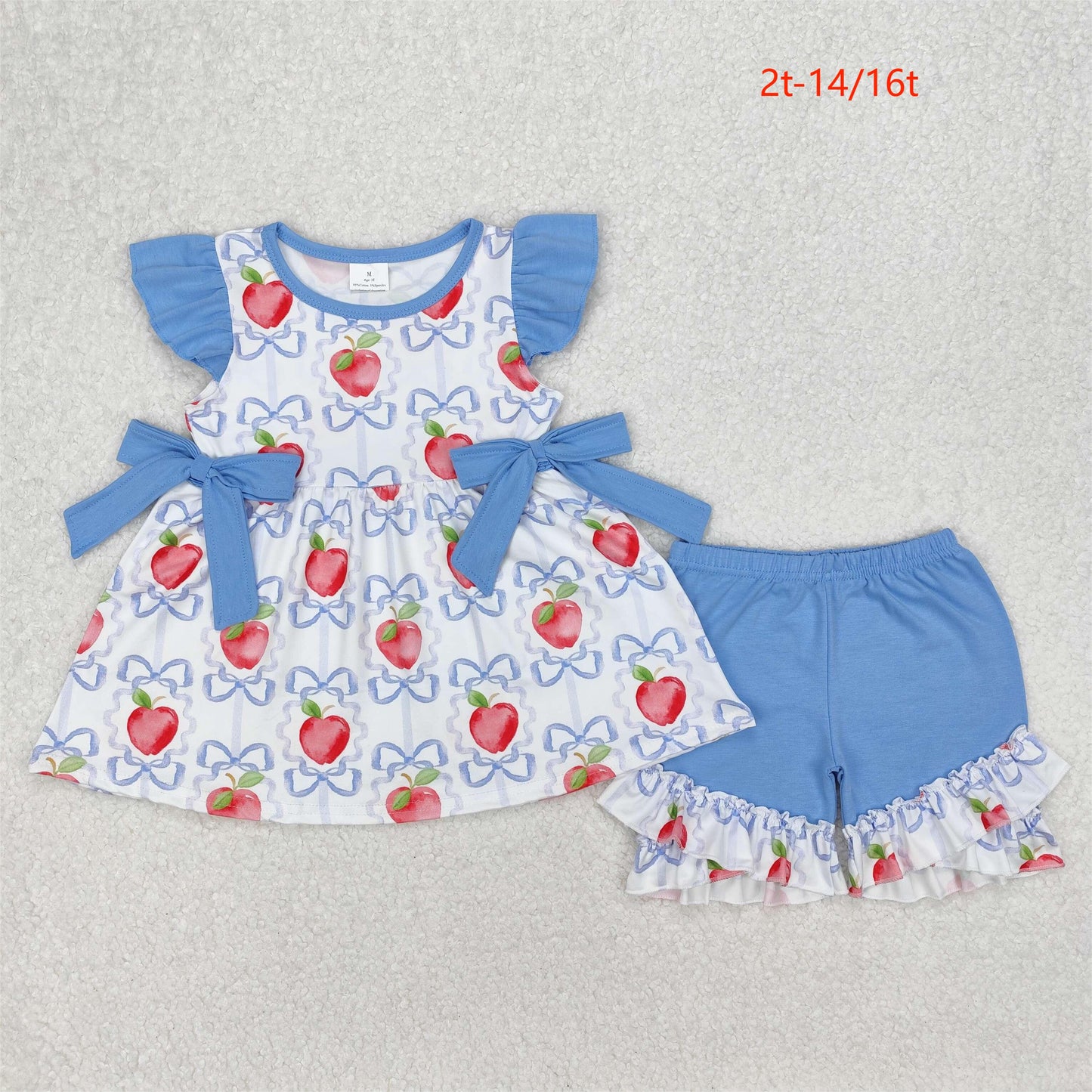 GSSO2114 Baby Girls Apple Bows Tunic Ruffle Shorts Clothes Set