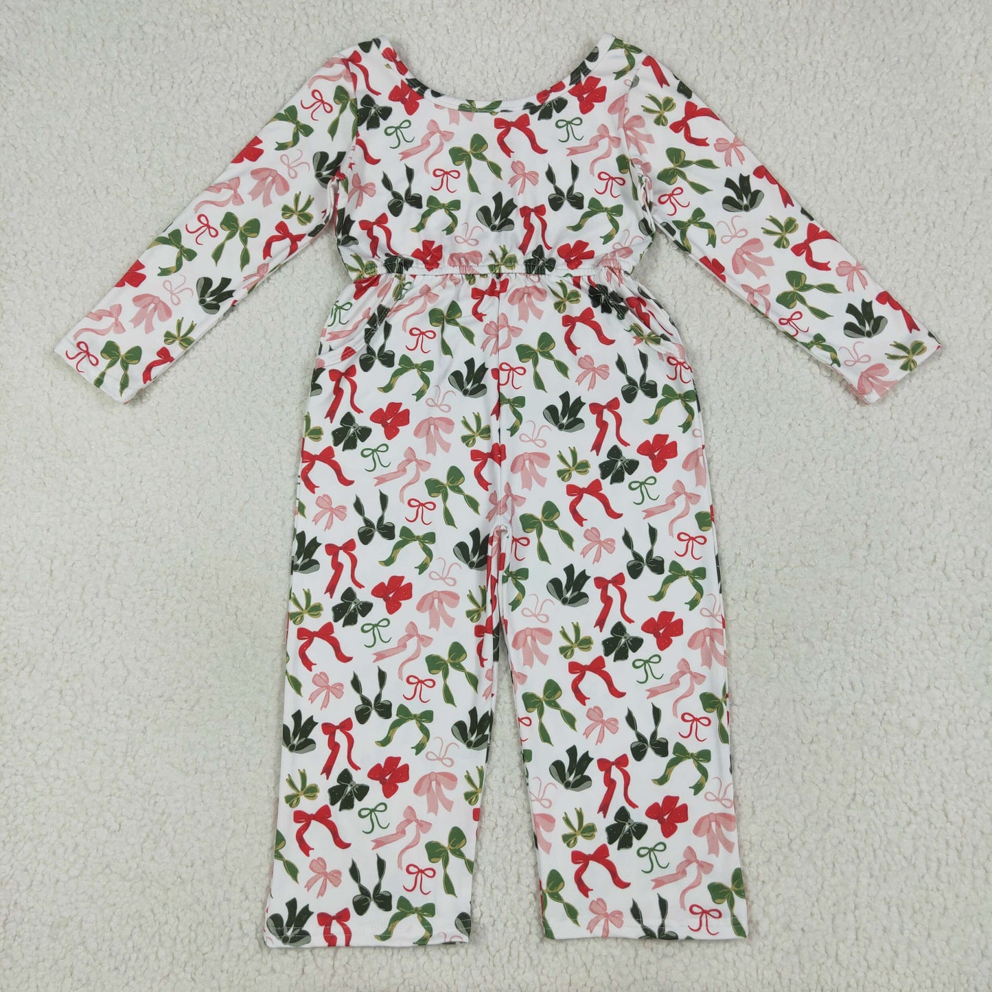 LR2192 Baby Girls Long Sleeves Colorful Bows Pockets Christmas Jumpsuit 6.26