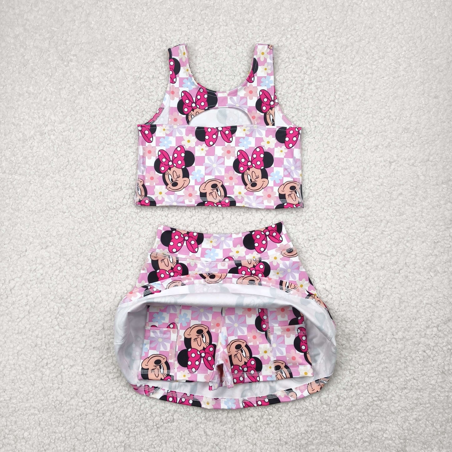 GSD2460 Baby Girls Sleeveless Pink Plaid Cartoon Mouse Top Skort Yoga Set 4.29