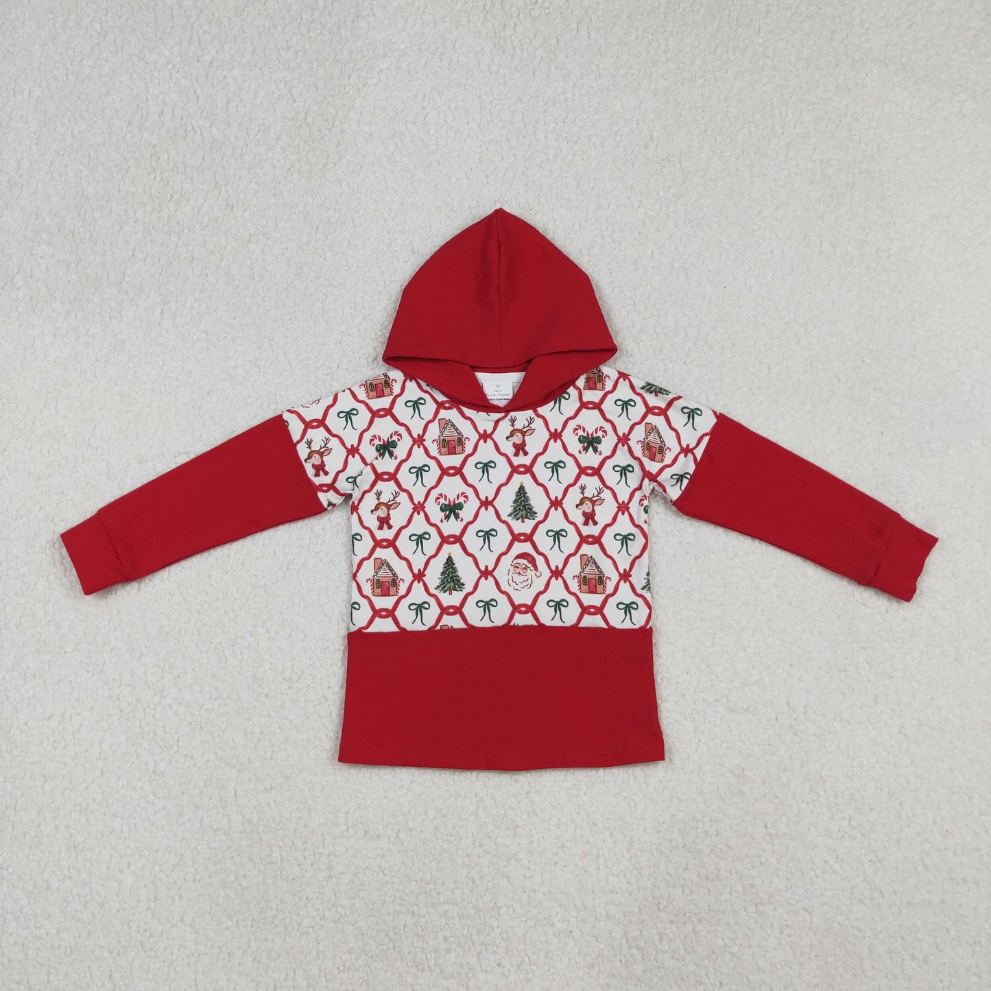 GT1042 Baby Girls Red Long Sleeves Bows Gingerbread Trees Santa Hoodies Top C9.18