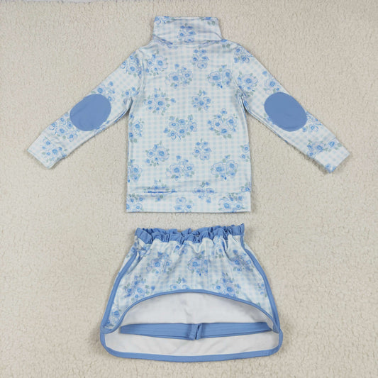 GLD1097 Baby Girls Long Sleeves Blue Flowers Plaid Zipper Top Skorts Yoga Set 7.8