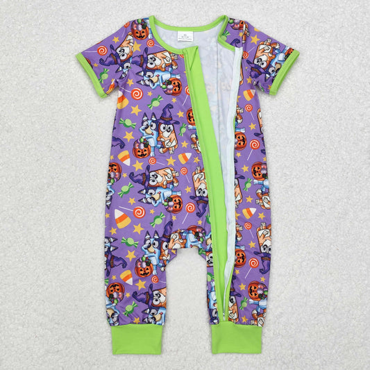 SR1803 Baby Infant Boys Dog Halloween Purple Bamboo Zip Sleepers Romper