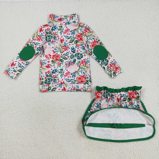 GLD1075 Baby Girls Long Sleeves Green Red Floral Zipper Top Skirts Set C8.16