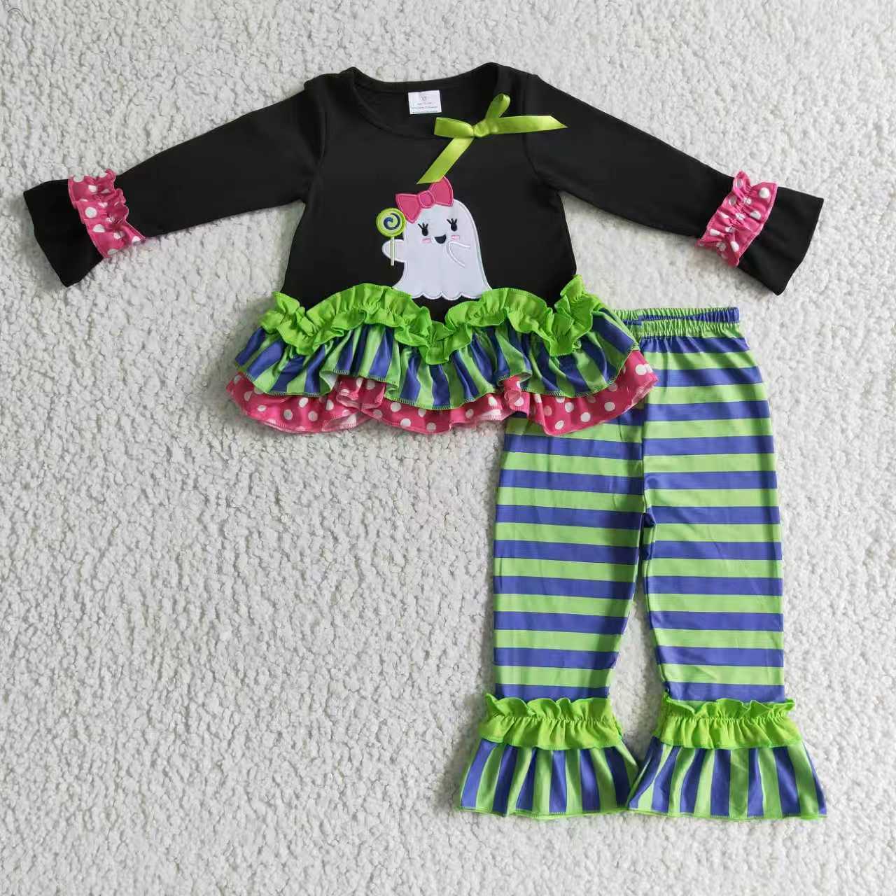 Sibling Baby Girls Green Stripe Embroidery Ghost Tunic Ruffle Pants Halloween Clothes Sets Rompers C9.18