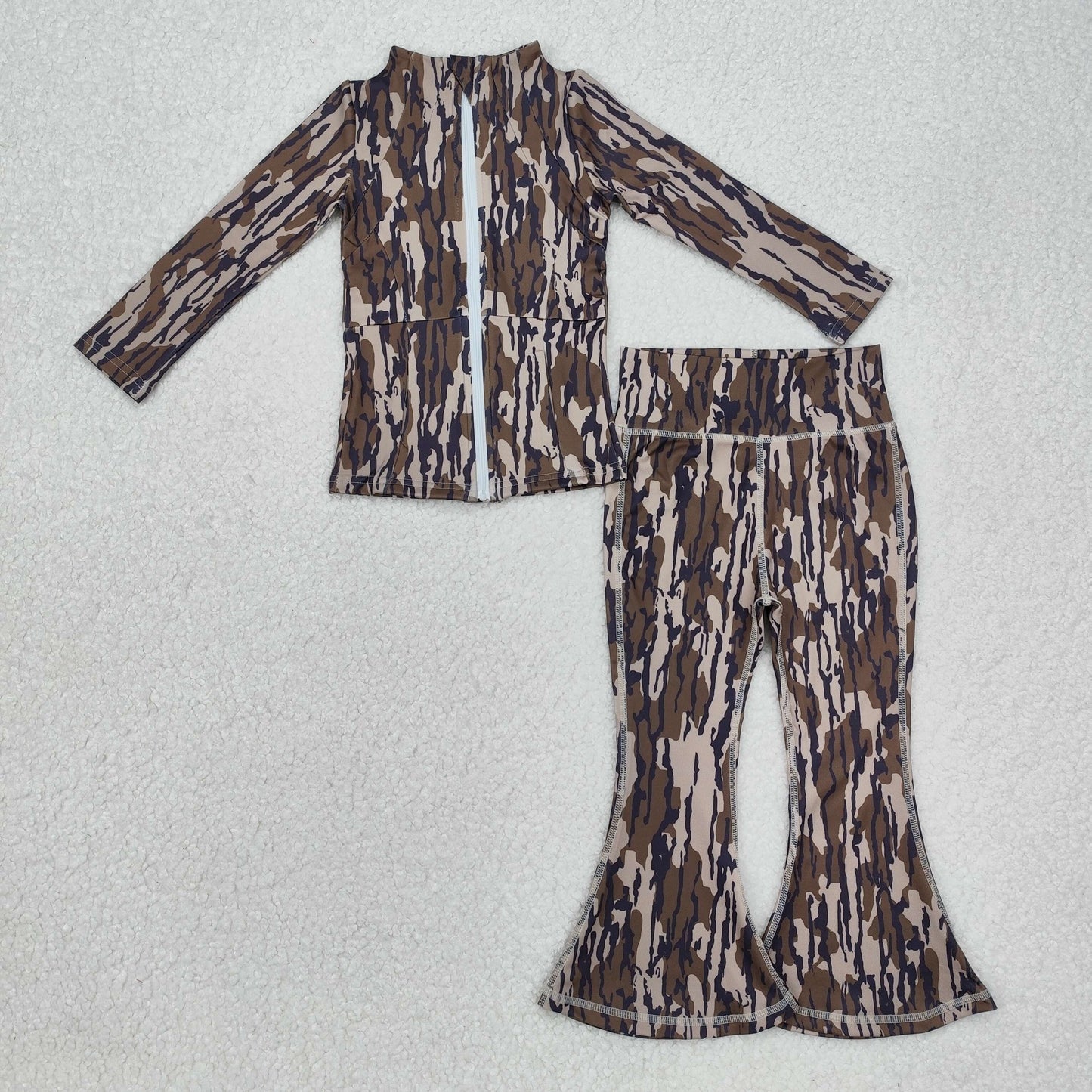 GT0850+P0691 Baby Girls Bottomland Camo Yoga Zip Top Bell Pants Active Wear Clothes Set