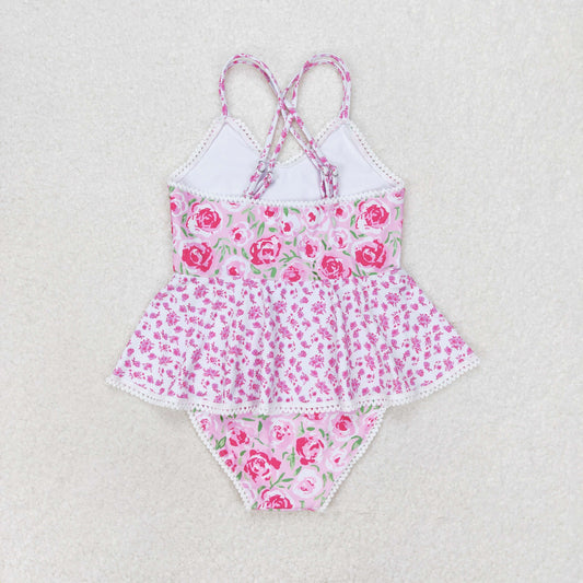 S0247 Floral floral lace pink-and-white suspenders one-piece swimsuit