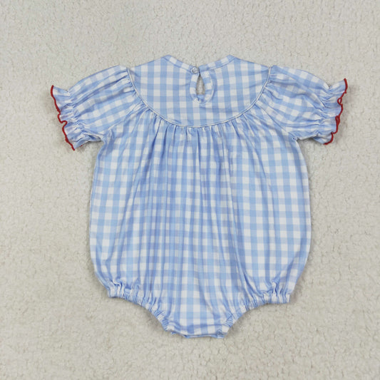 SR2981 Baby Infant Girls Blue Plaid Short Ruffle Sleeves Cows Pigs Farm Smocked Romper 6.24
