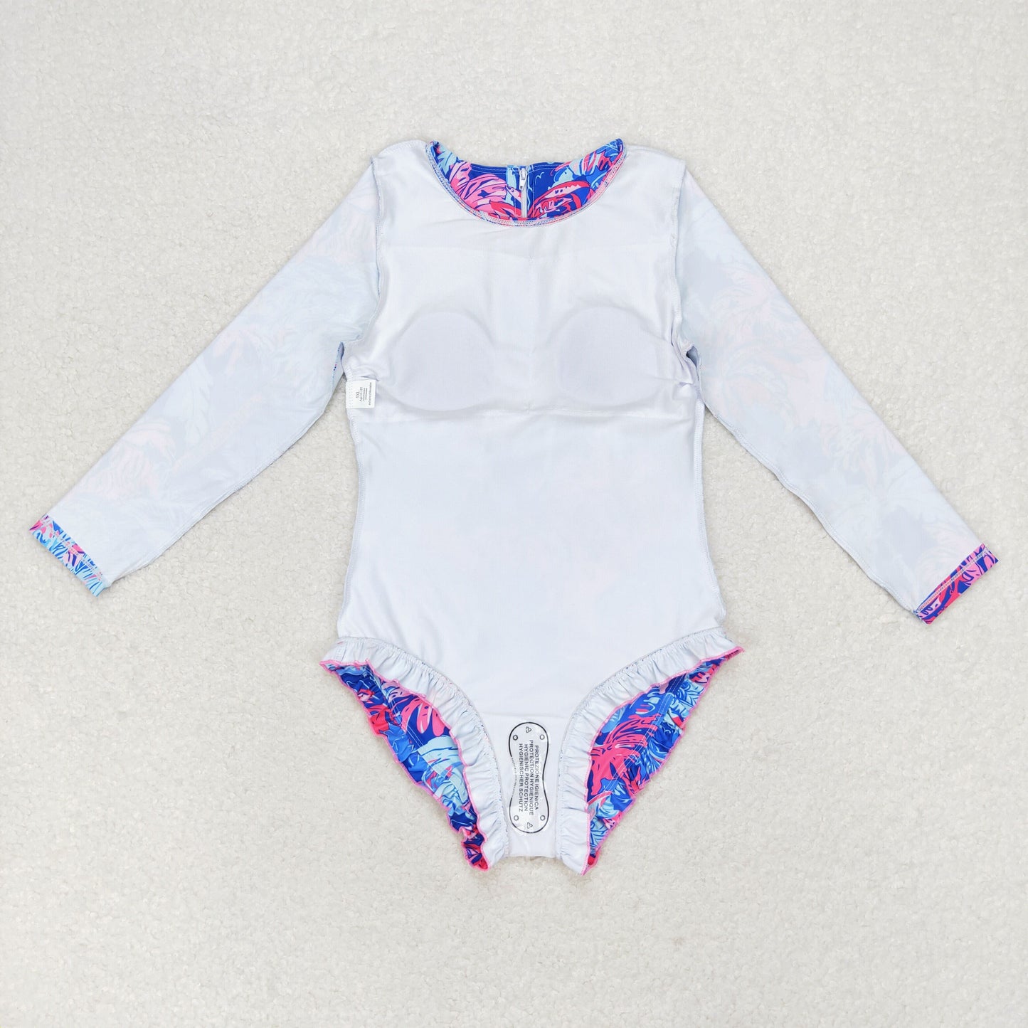 S0377 Tree forest pattern blue zipper long-sleeved one-piece swimsuit