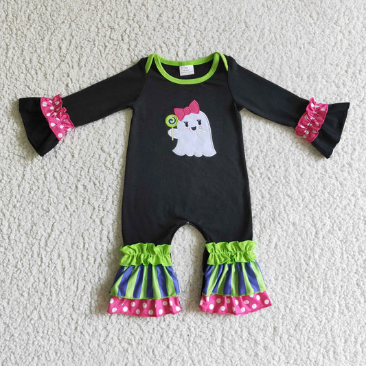 Sibling Baby Girls Green Stripe Embroidery Ghost Tunic Ruffle Pants Halloween Clothes Sets Rompers C9.18