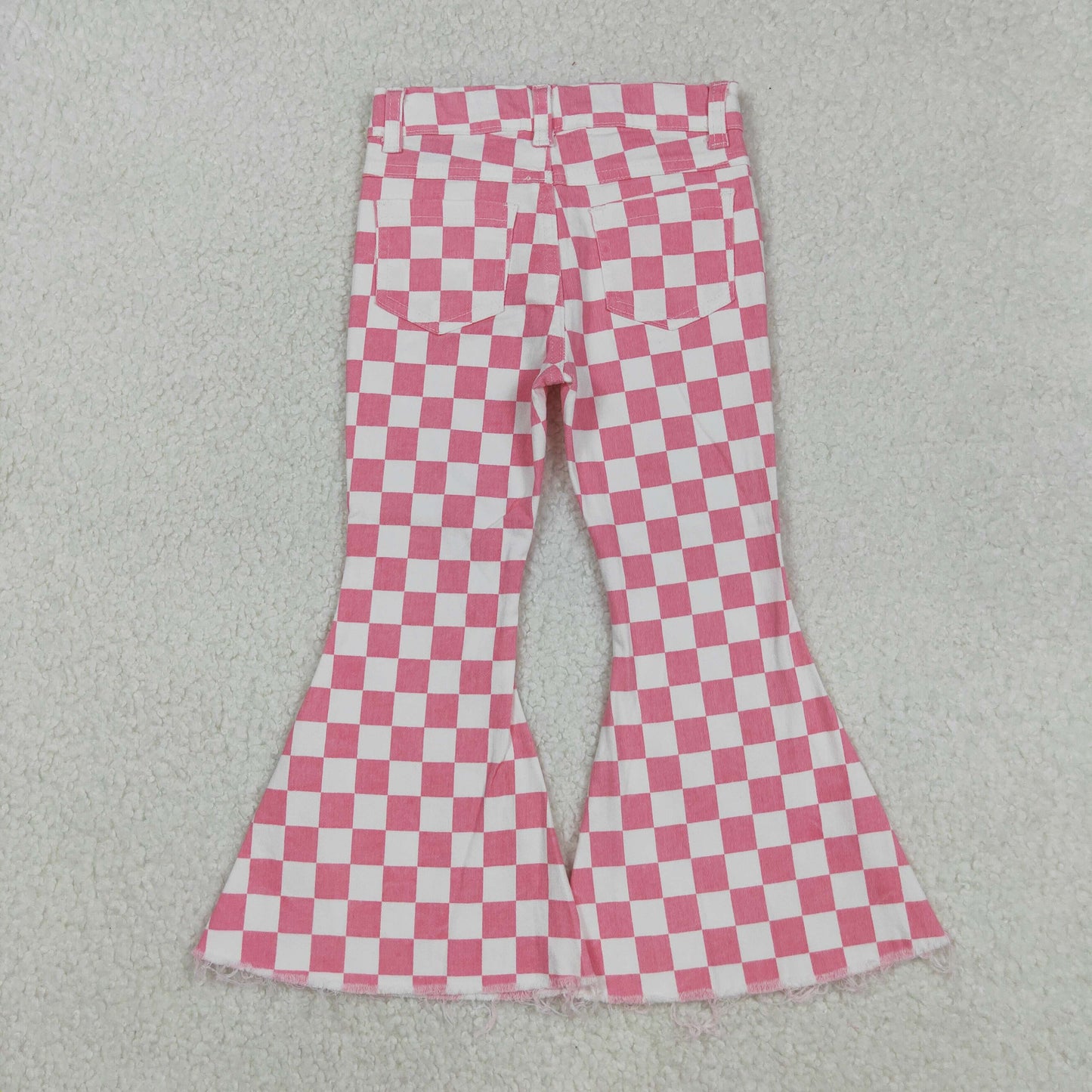 P0348 Baby Girls Pink Checkered Bell Flare Denim Pants Jeans C9.3