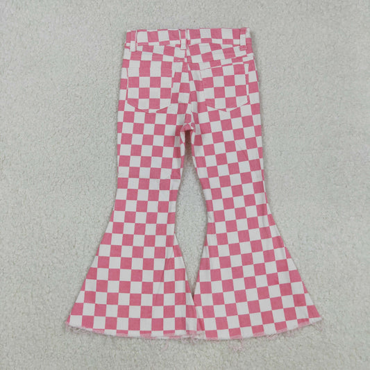 P0348 Baby Girls Pink Checkered Bell Flare Denim Pants Jeans C9.3