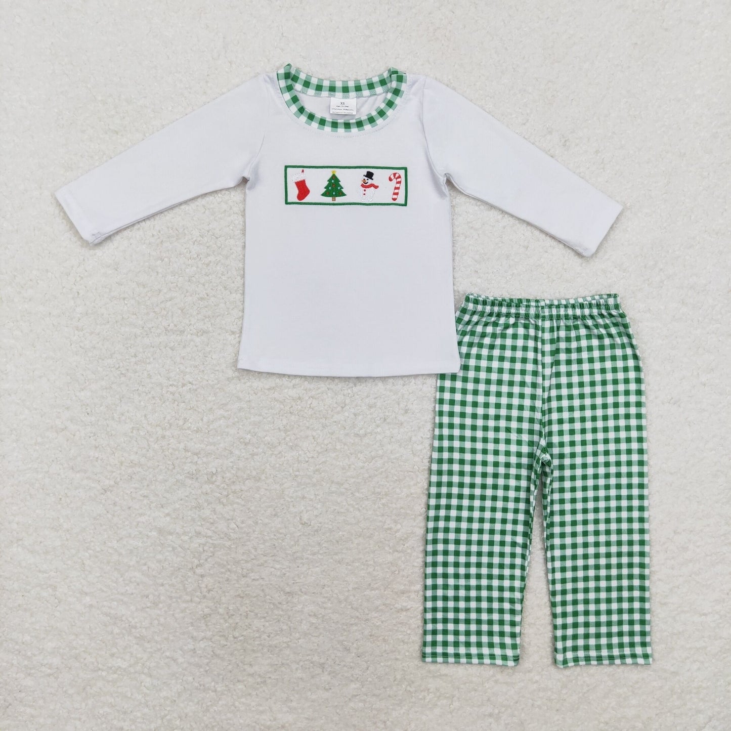 BLP0603 Embroidered Christmas Tree Snowman crutch White long-sleeved green plaid pantsuit