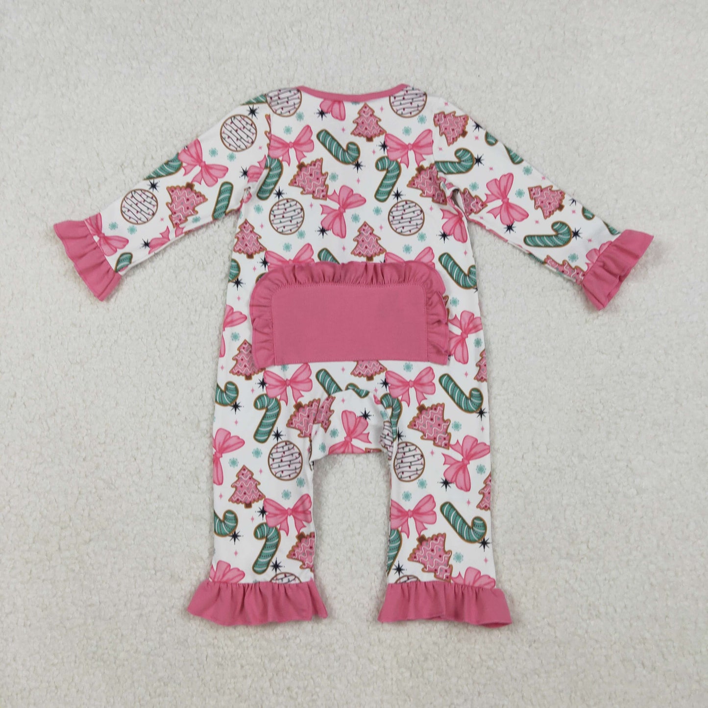 LR2486 Baby Girls Long Sleeves Christmas Trees Candy Cane Ruffle Zipper Romper C10.17