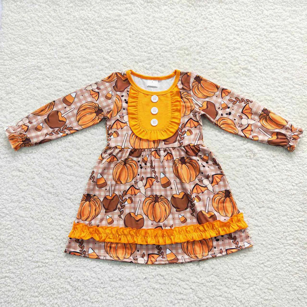 GLD0343 Baby Girls Pumpkin Fall Knee Length Ruffle Dress