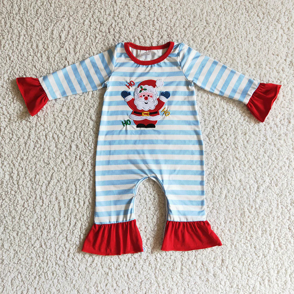 LR0120 Baby girls Christmas santa blue stripes romper