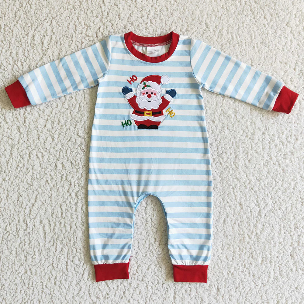 LR0121 Baby boys Christmas santa blue stripes romper
