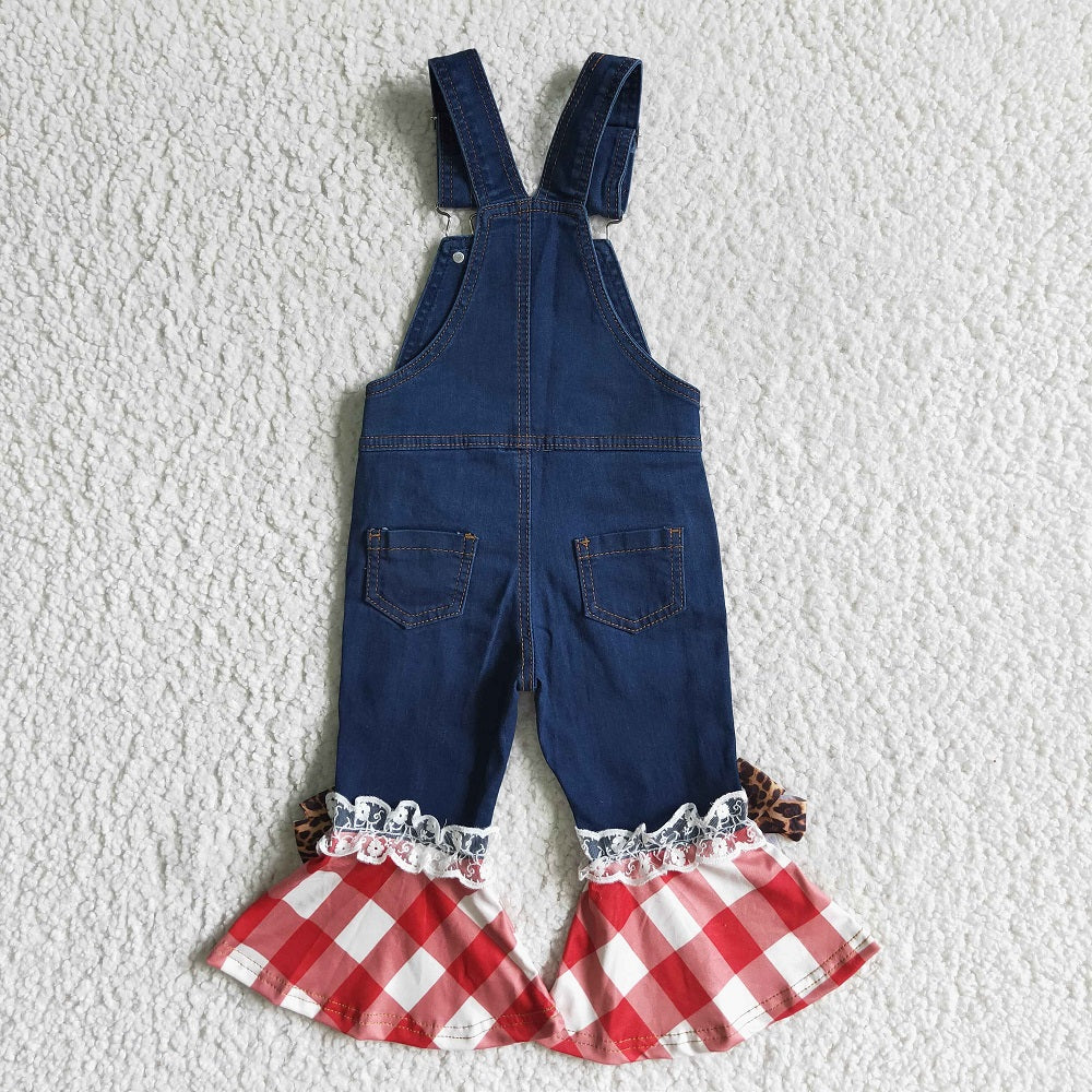 C16-16 Girls Plaid Denim Bell Overalls