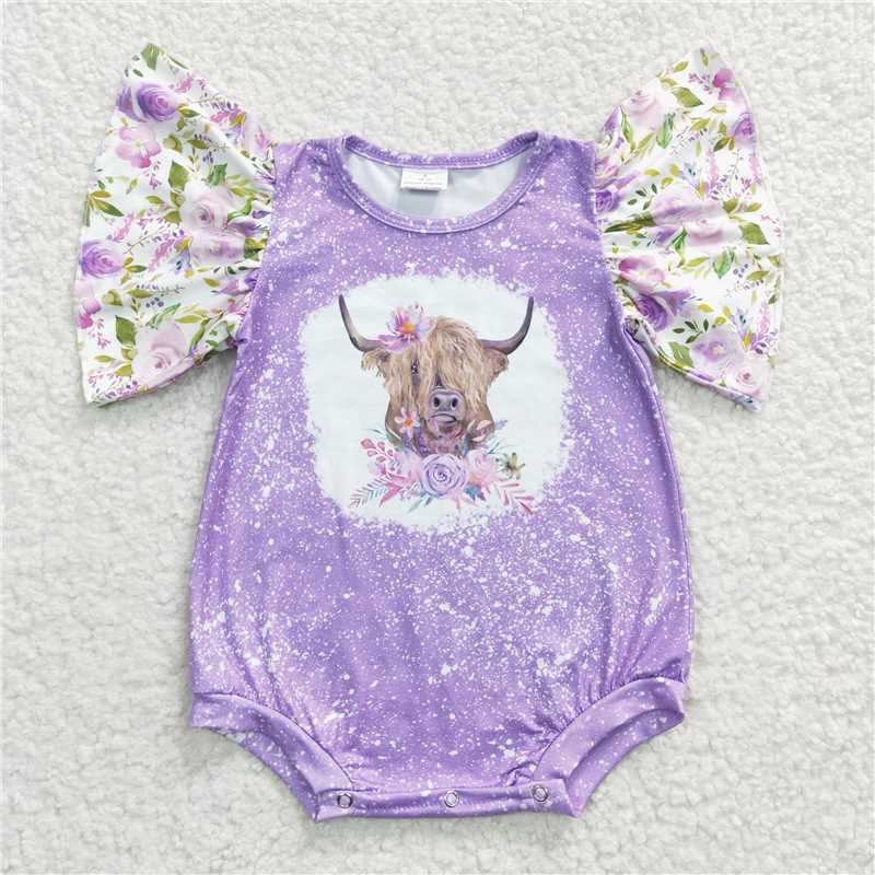 SR0118 Baby Purple Girls Cow Flowers Romper