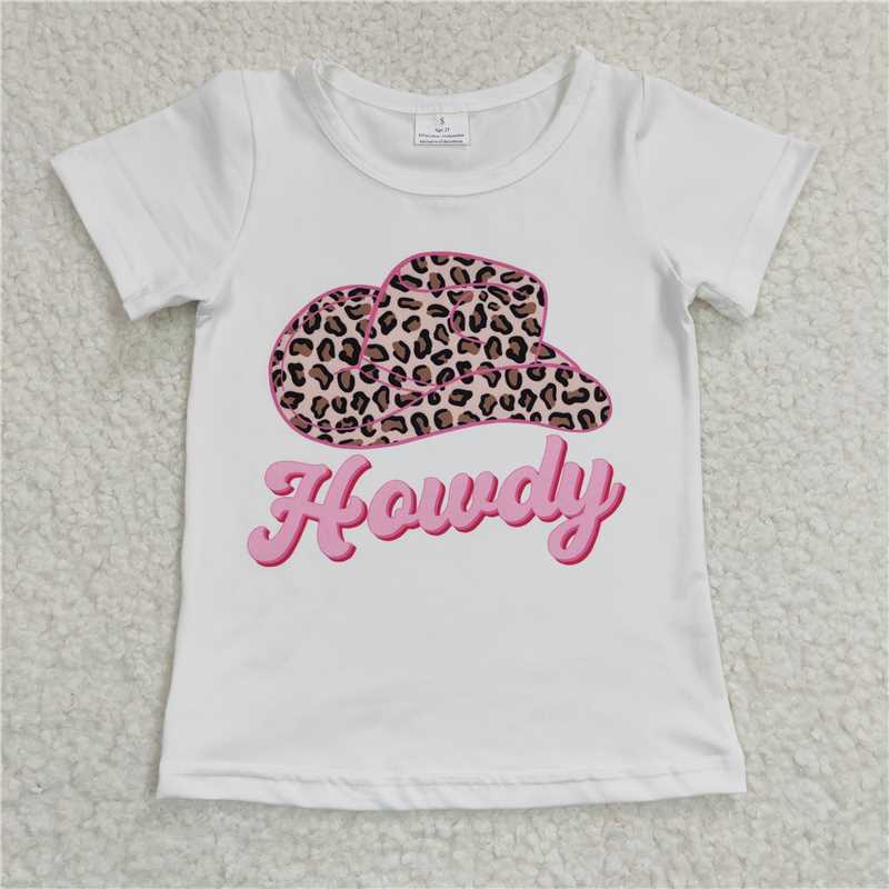GT0138 Girl howdy leopard print hat White Short Sleeve Top
