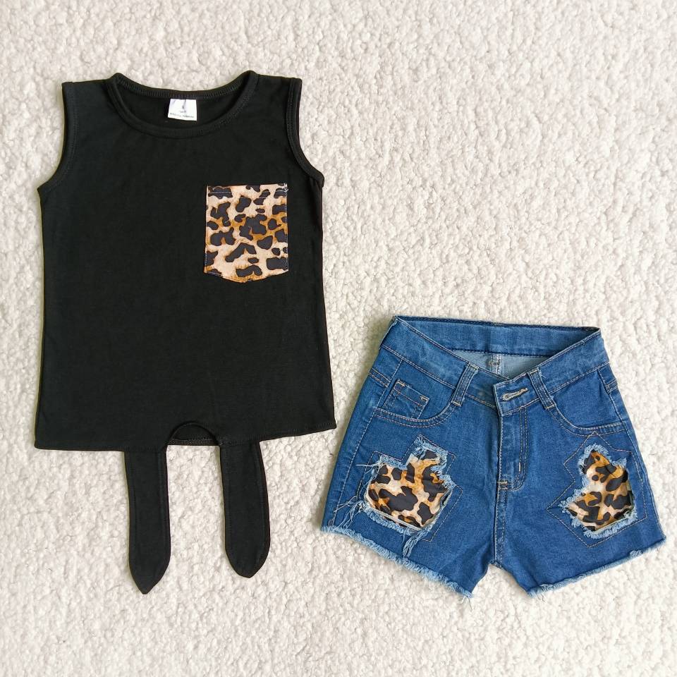 D12-11 Girls Black Leopard Sleeveless Shirts Denim Shorts Outfit