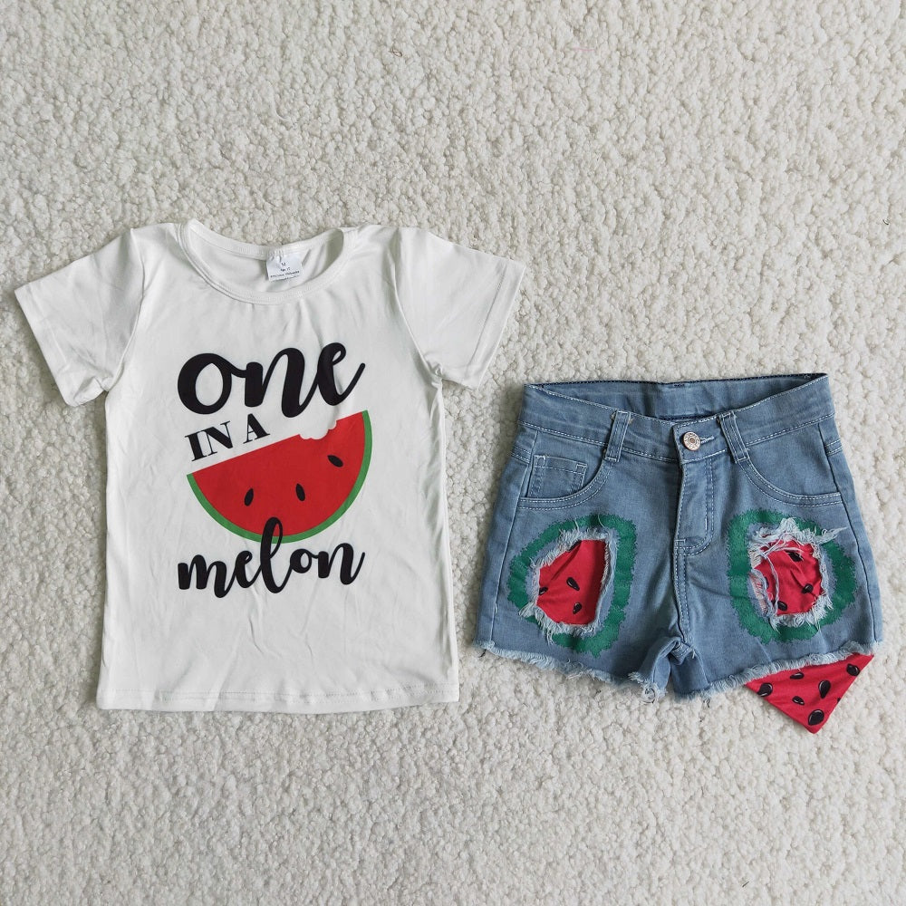 D13-17 Girls Watermelon Denim Shorts Outfit
